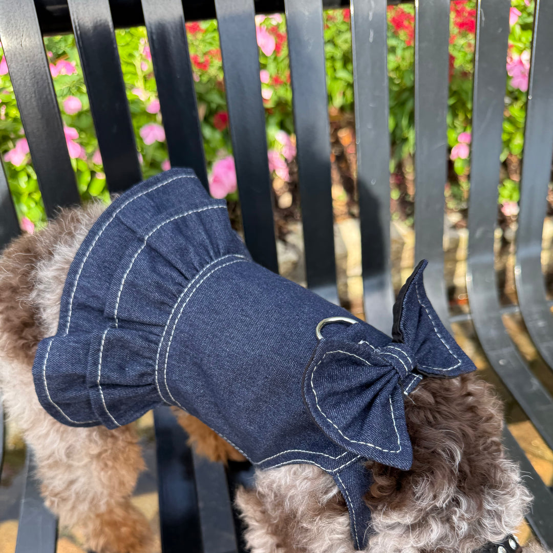 Dog wearing a blue denim dress with a bow on a black metal bench.