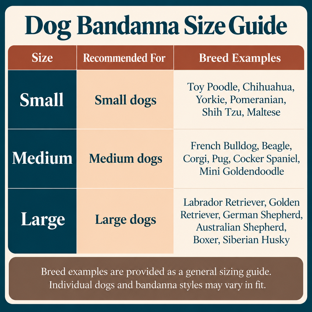 A dog bandanna size guide chart with a dark teal header and three main rows labeled Small, Medium, and Large. The chart lists recommended dog sizes and breed examples, including Toy Poodle, Chihuahua, Yorkie, Pomeranian, Shih Tzu, Maltese, French Bulldog, Beagle, Corgi, Pug, Cocker Spaniel, Mini Goldendoodle, Labrador Retriever, German Shepherd, Australian Shepherd, Boxer, and Siberian Husky.