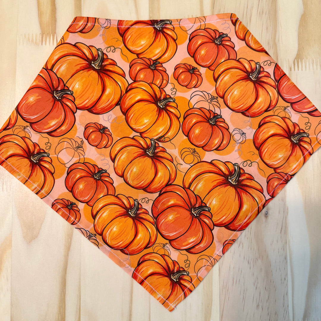 A pumpkin dog bandana laid flat on a light wood background.