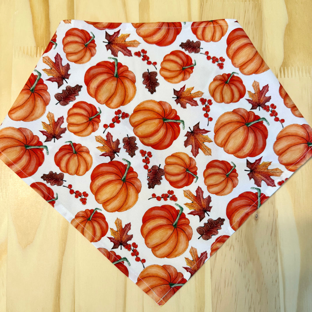 A pumpkin and leaves fall plaid dog bandana laid flat on a light wood background.